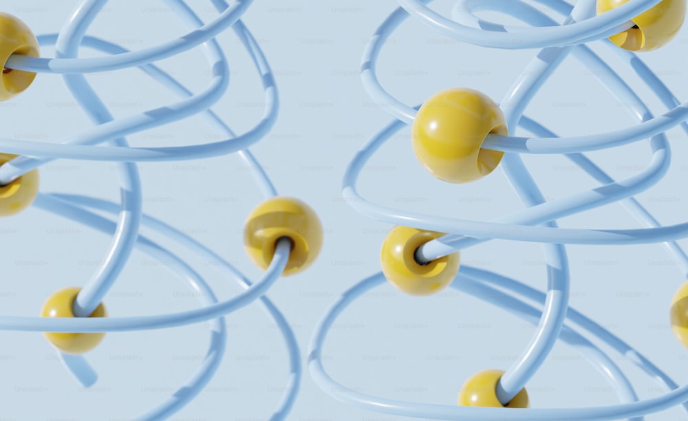 a bunch of yellow balls and wires on a light blue background