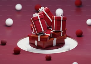 a pile of red presents sitting on top of a white plate