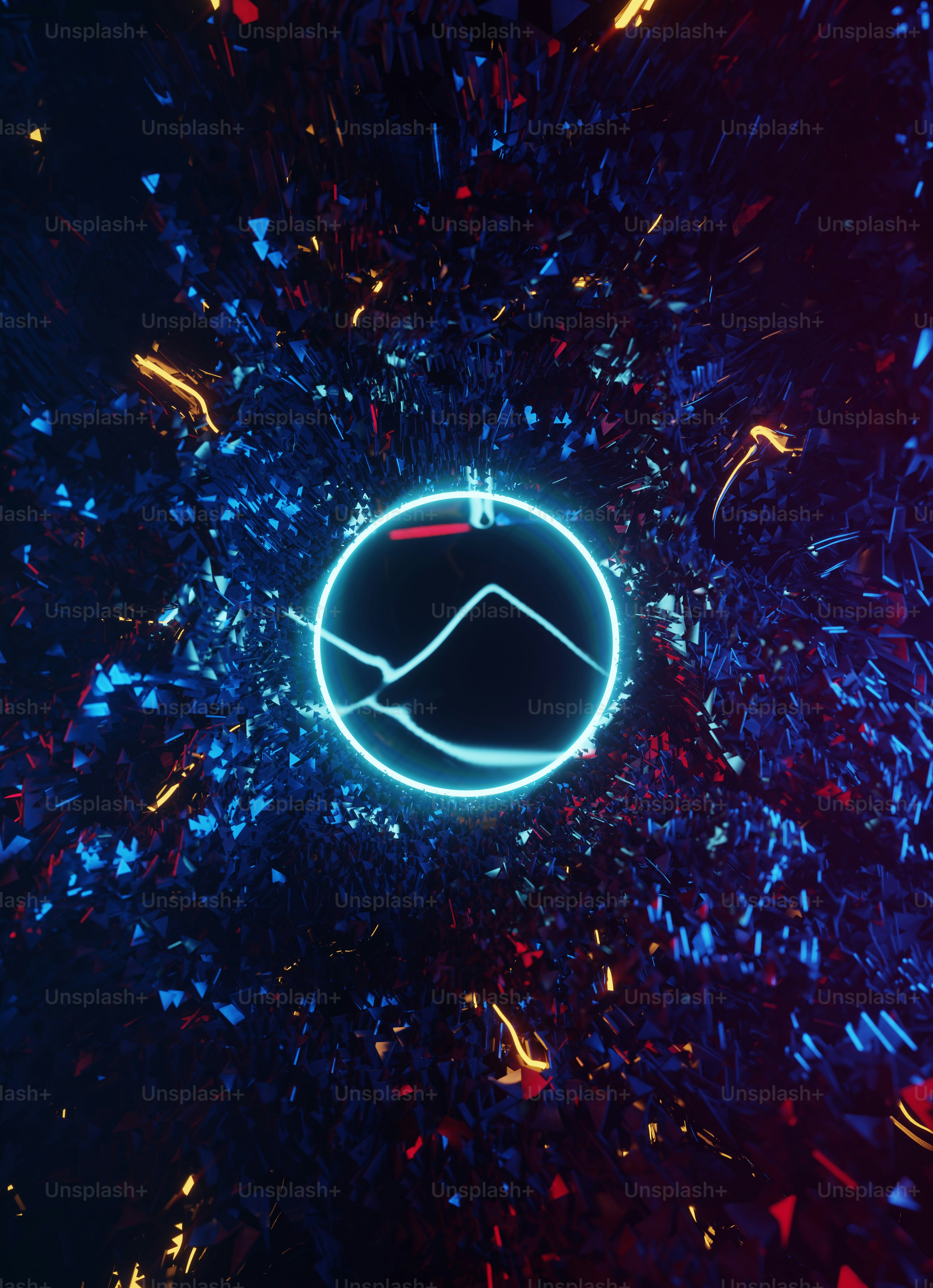 a circle with a mountain in the middle surrounded by confetti