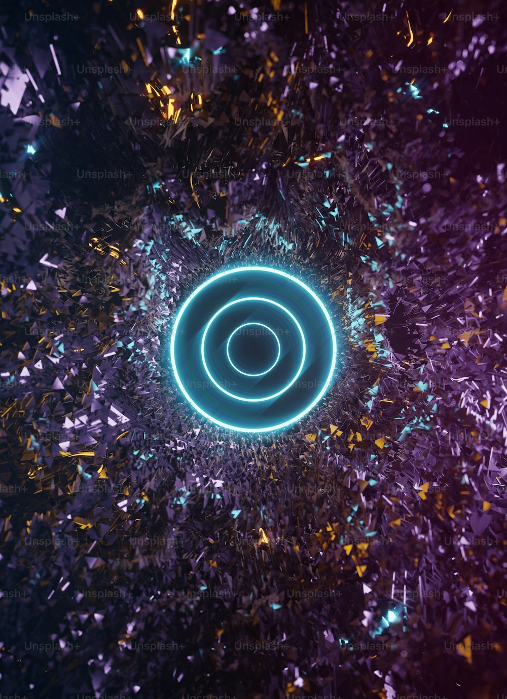 um círculo azul cercado por confetes e confetes
