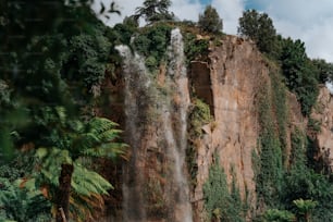 a very tall waterfall in the middle of a forest