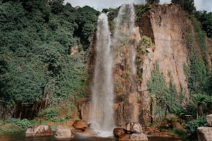 a very tall waterfall in the middle of a forest