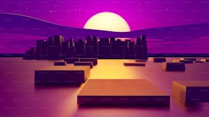 a purple and yellow background with a city in the distance