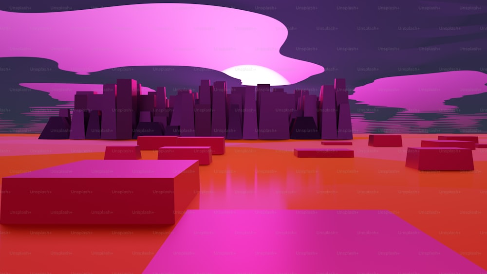 uma pintura digital de uma cidade futurista com cores rosa e roxo