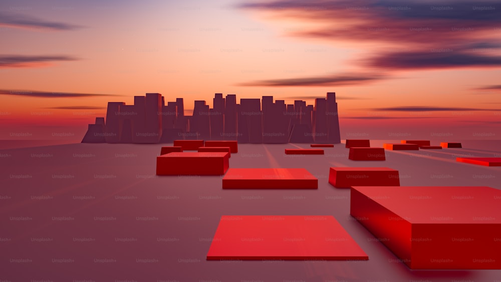 uma imagem gerada por computador de uma cidade ao pôr do sol