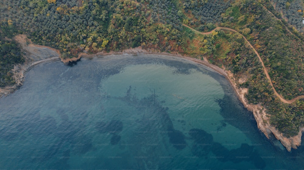 an aerial view of a body of water surrounded by trees