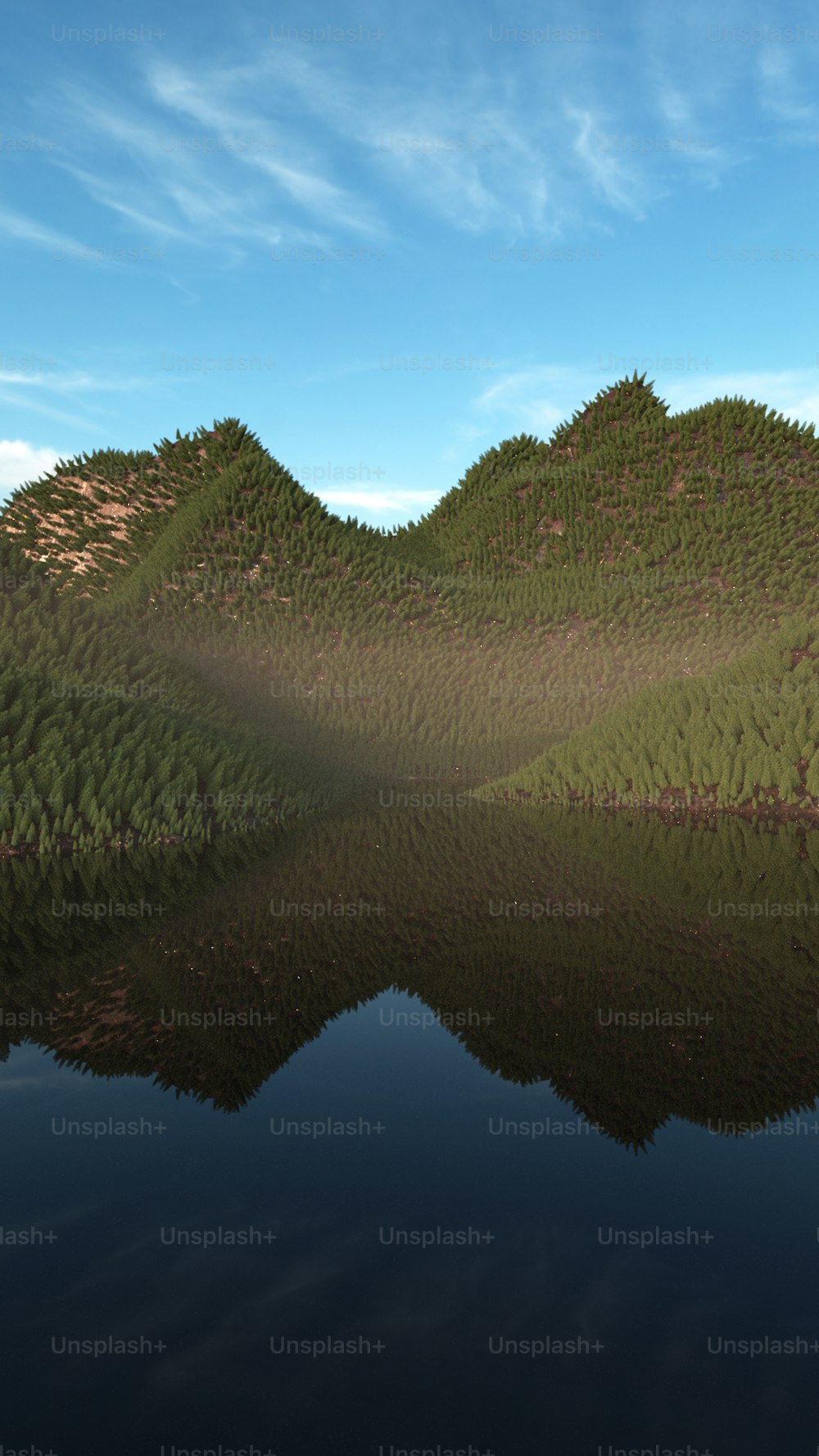 コンピューターで生成された山と湖の画像