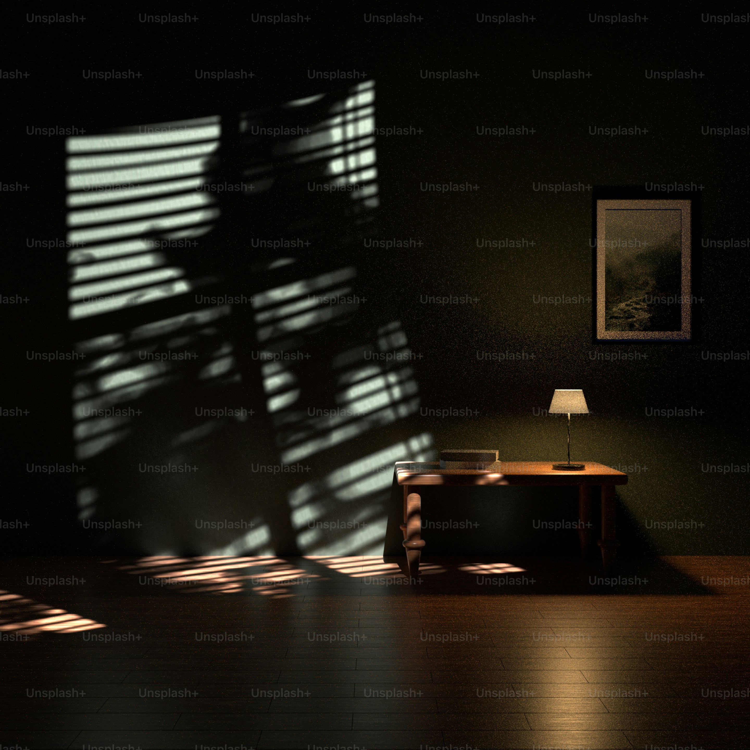 une pièce avec une table et une lampe