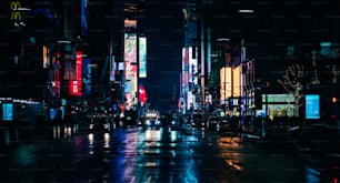 a city street at night with a lot of neon lights