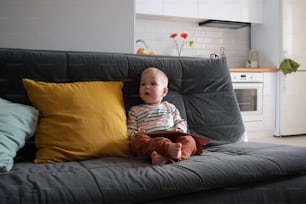 a baby sitting on a couch with pillows