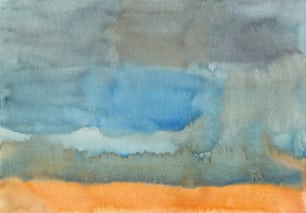 a watercolor painting of a blue and orange sky