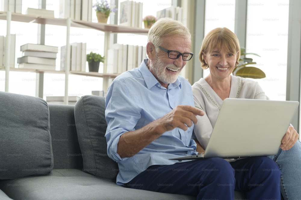 Happy Caucasian senior couple using laptop at home