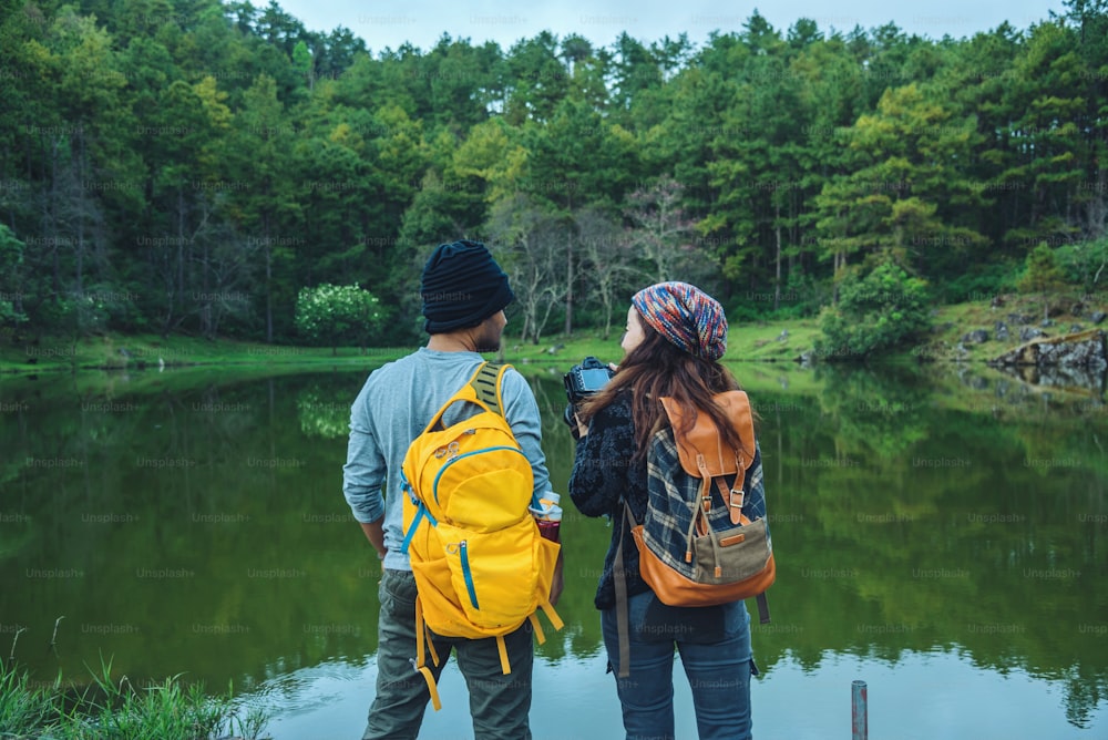 Lovers travel to watch the cherry trees of Asian couples. Happy with honeymoon travel,valentines.