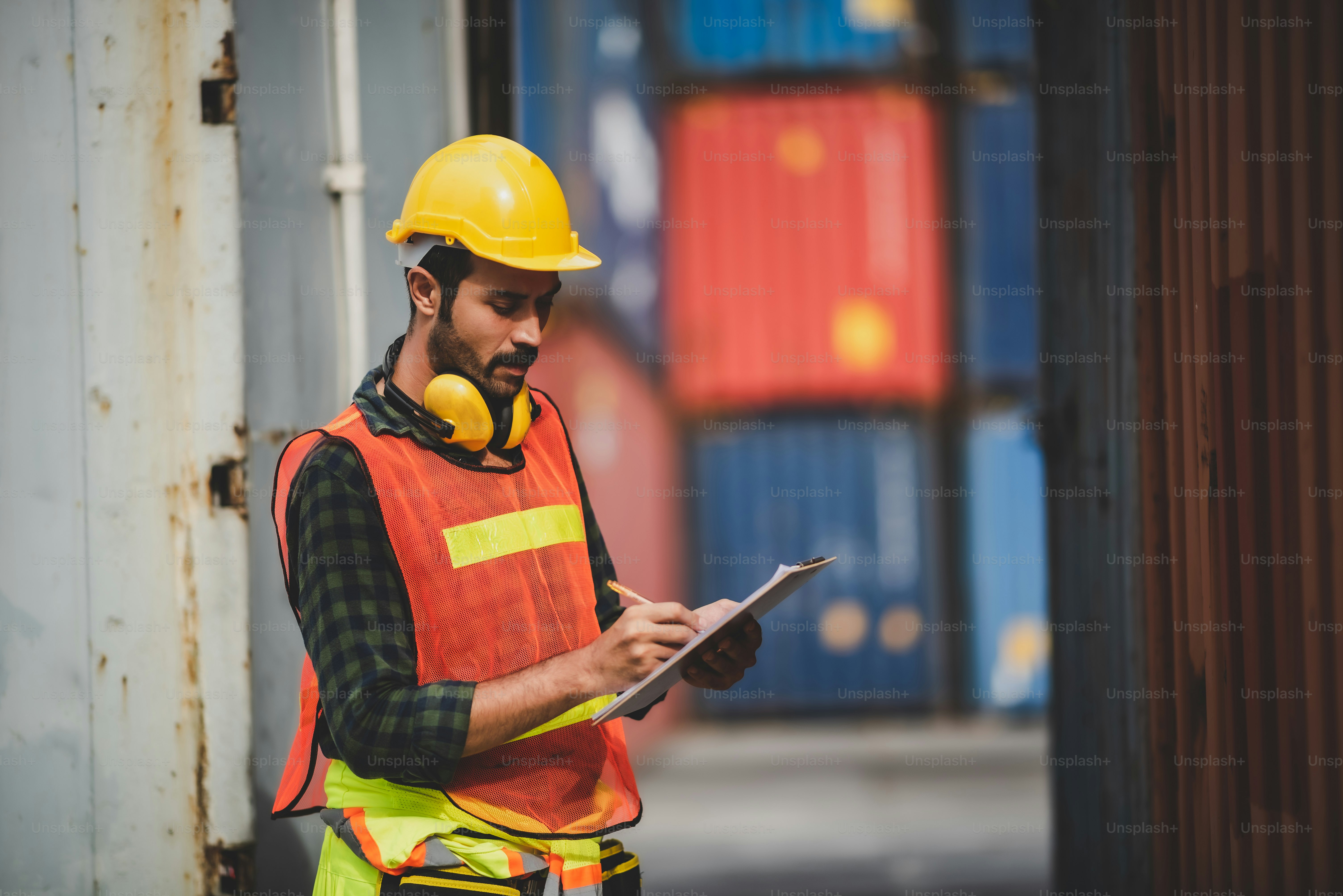 engineer foreman working in container terminal in term of industry logistic cargo shipping to export and import, warehouse delivery business freight transport, loading control in port with safety