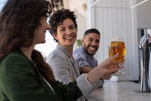 A group of friends hanging out and making a toast with beer at the bar of a rooftop.
