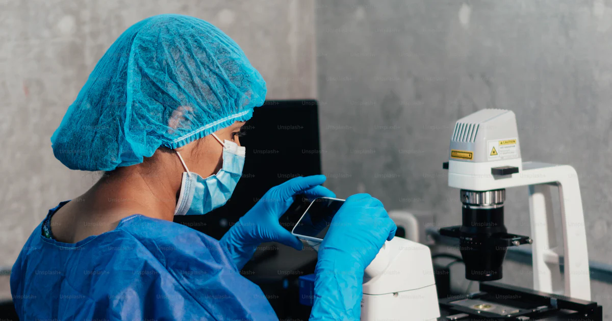 Woman working in a professional laboratory with cell phone and ...