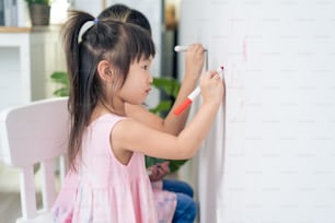 Une jeune fille asiatique aime peindre sur un mur blanc dans le salon. Petits enfants adorables s’amusant à dessiner et à colorier une image d’art avec bonheur, profitez d’une activité de créativité en vacances à la maison.