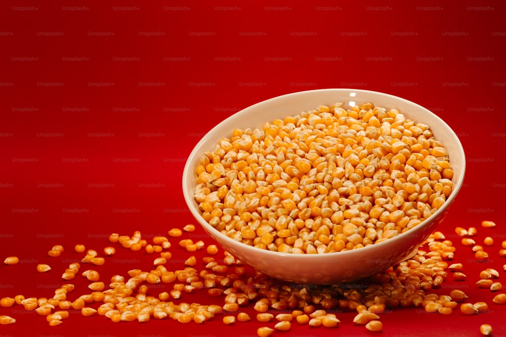 uma tigela branca cheia de grãos de milho em um fundo vermelho