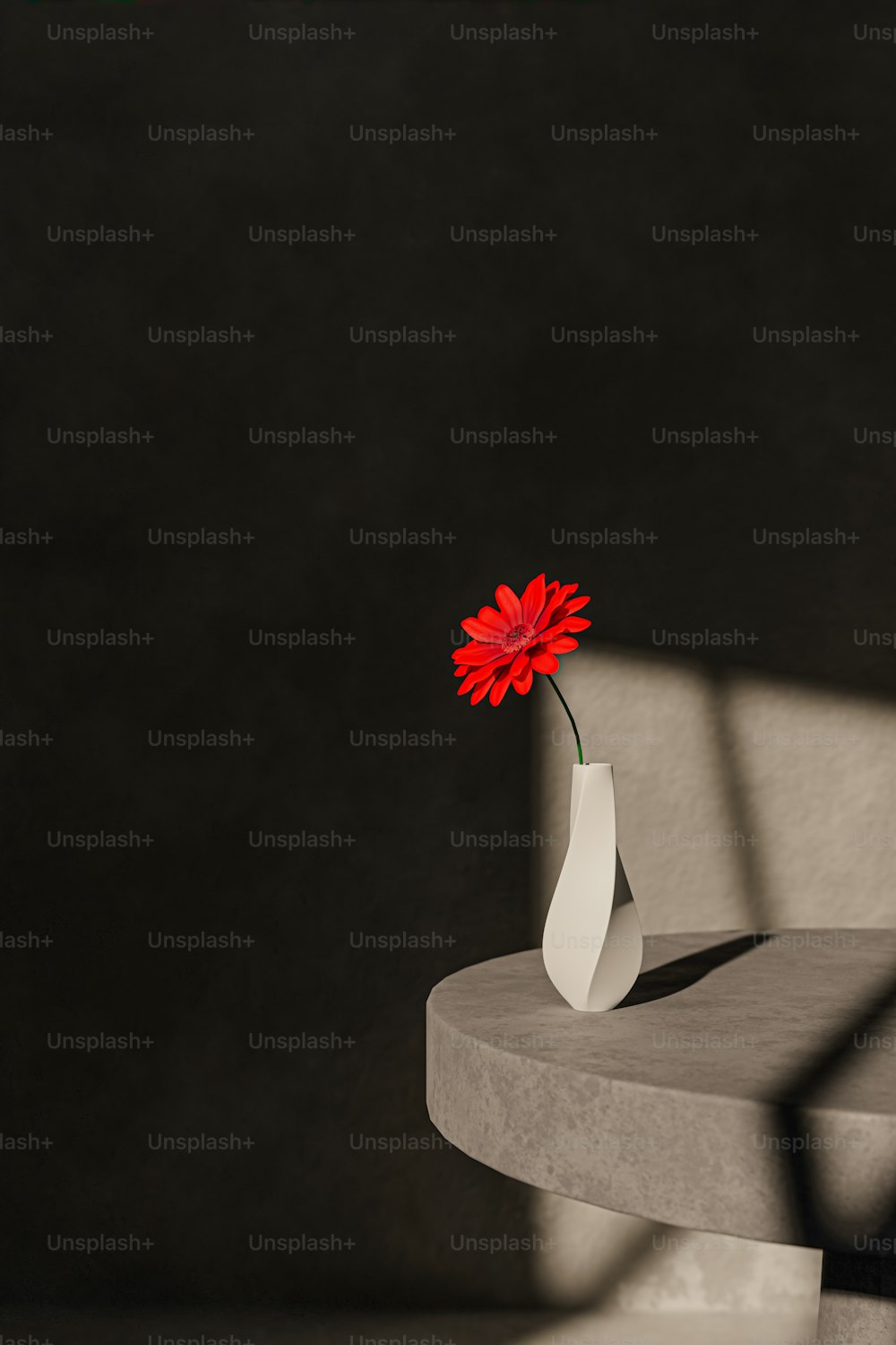 a red flower in a white vase on a table