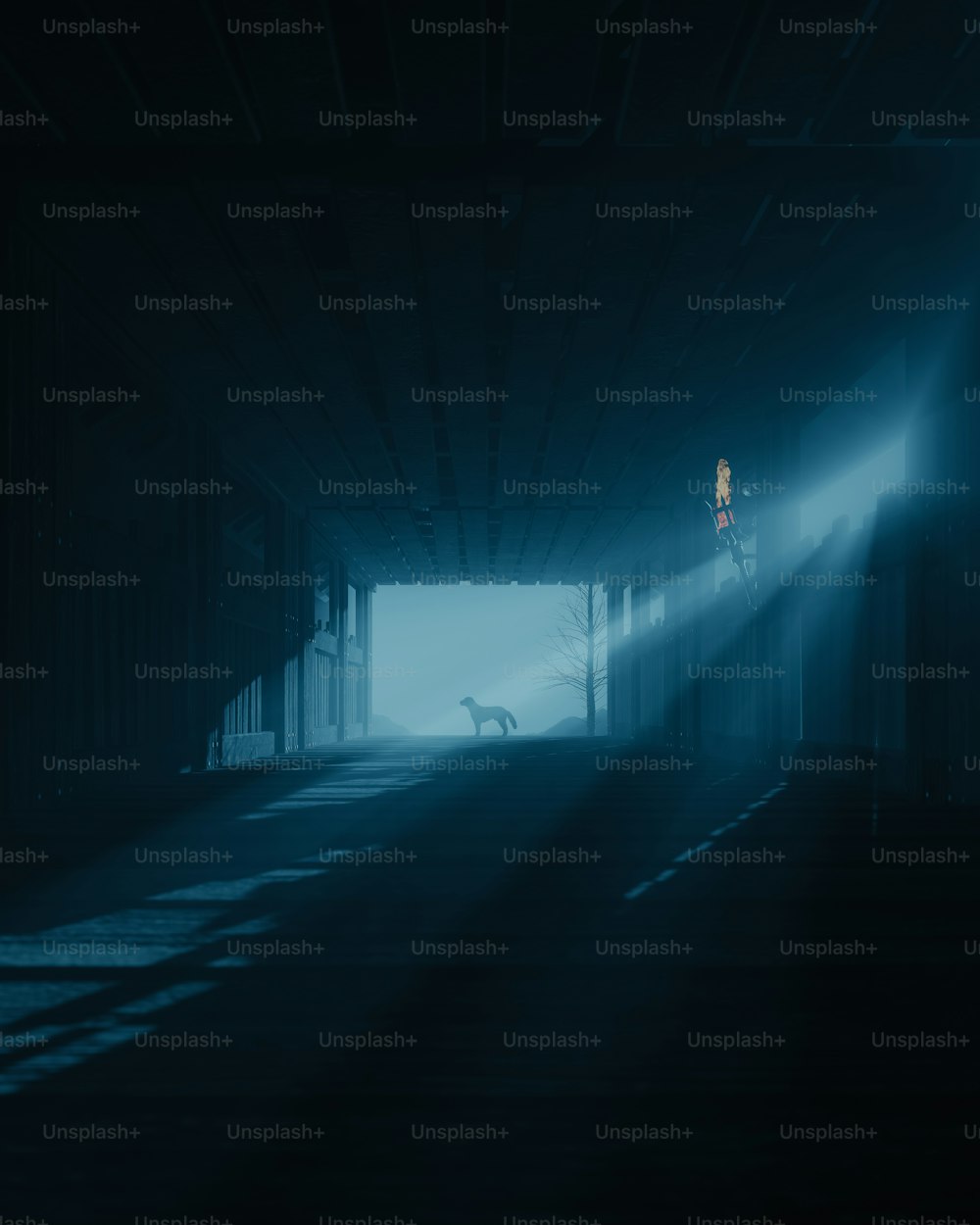 a person standing in a dark tunnel with a dog