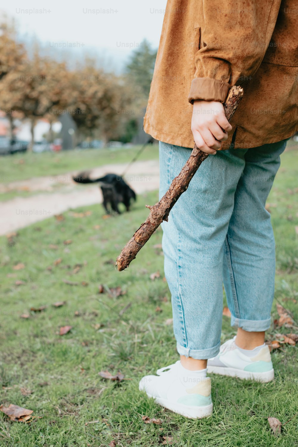 a person holding a stick with a dog in the background