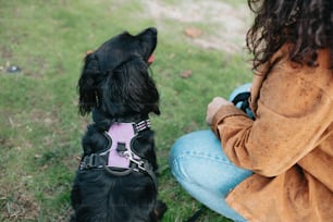 a small black dog sitting next to a woman
