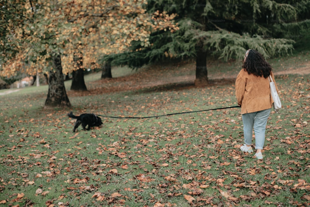 Une femme promenant un chien dans un parc