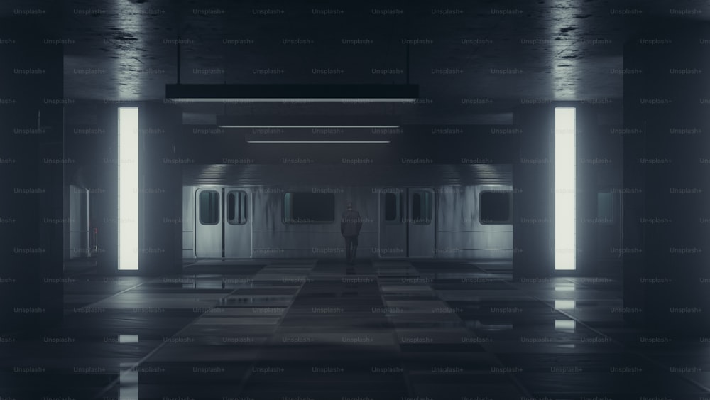 a person is standing in a dark hallway