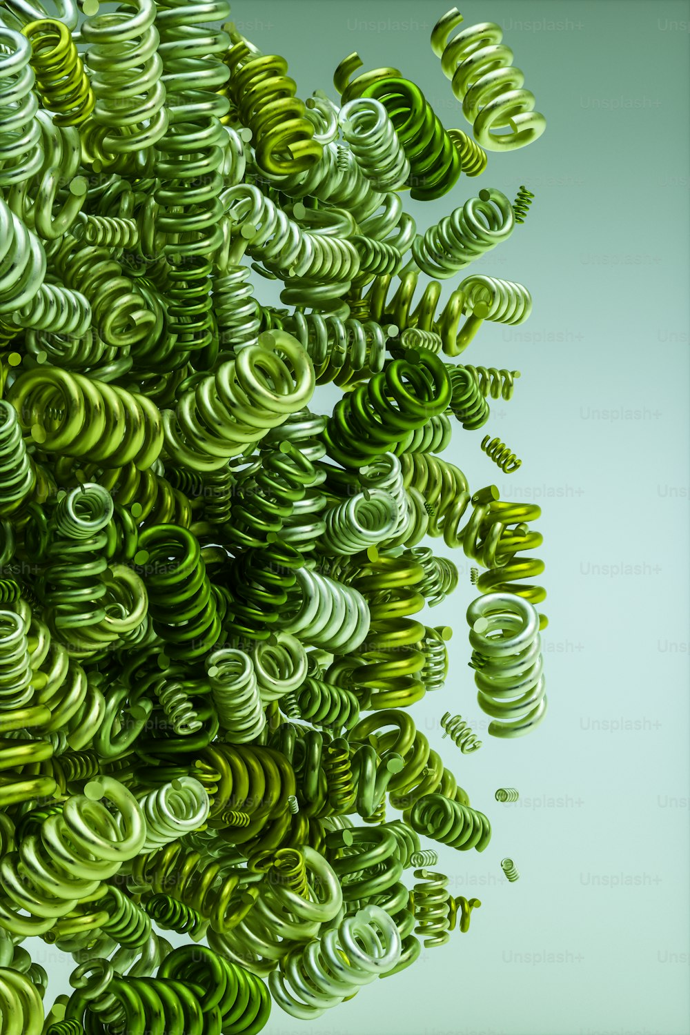 Ein Haufen grüner Spiralen, die in der Luft schweben