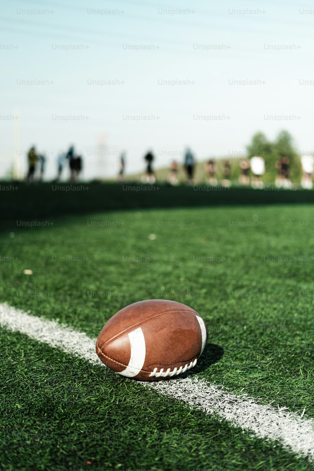 a football sitting on top of a lush green field