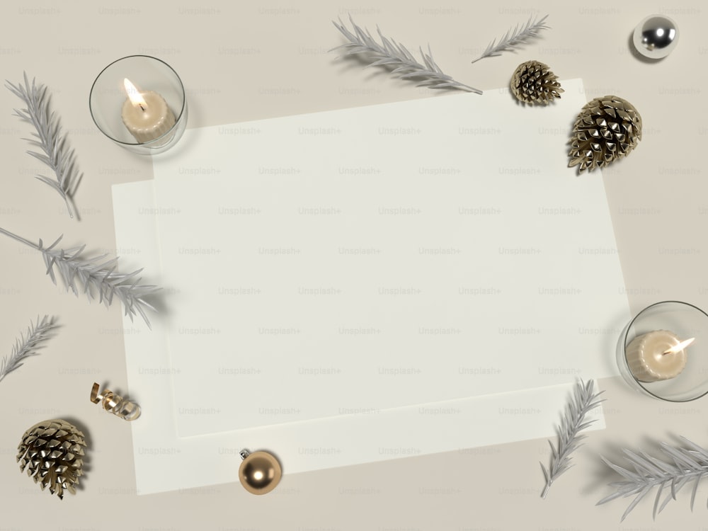 クリスマスの飾りに囲まれた白い紙