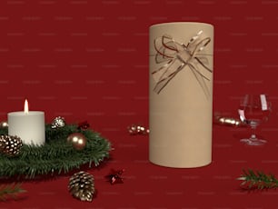 Uma vela e algumas decorações de Natal em um fundo vermelho