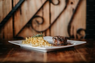 a plate of food on a wooden table