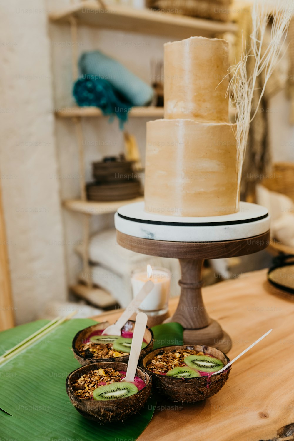 a cake sitting on top of a wooden table