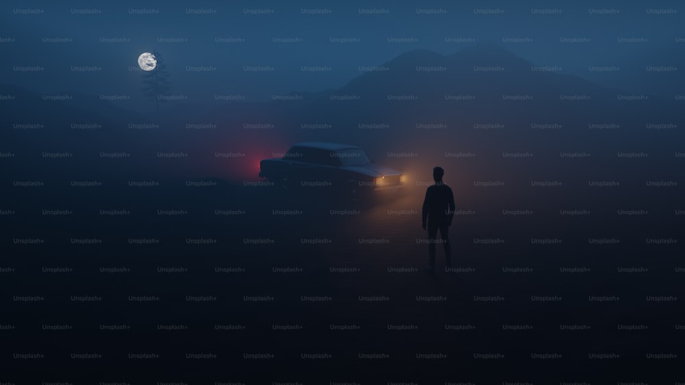 Un uomo in piedi nella nebbia accanto a una macchina