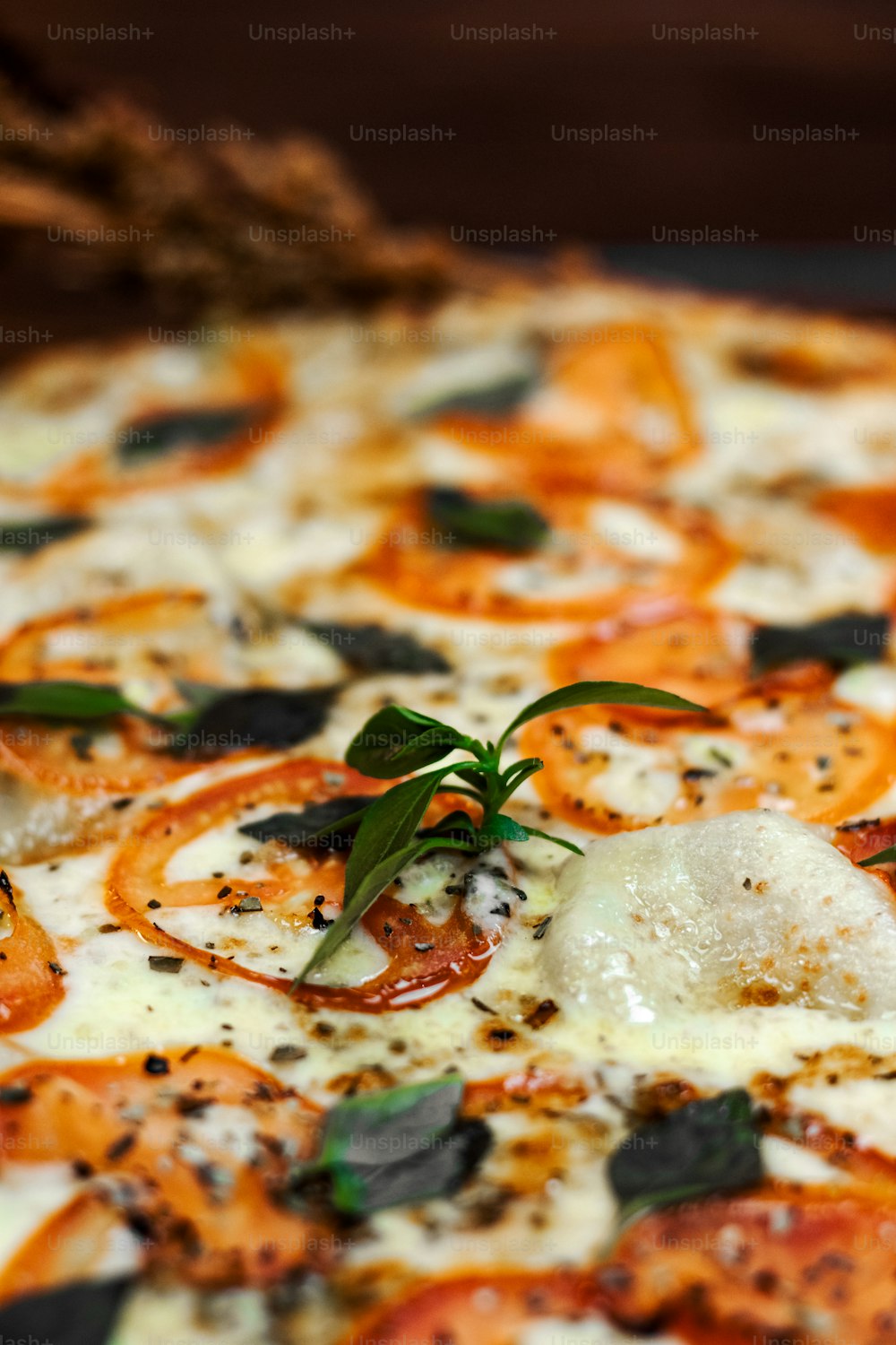 a close up of a pizza with cheese and tomatoes