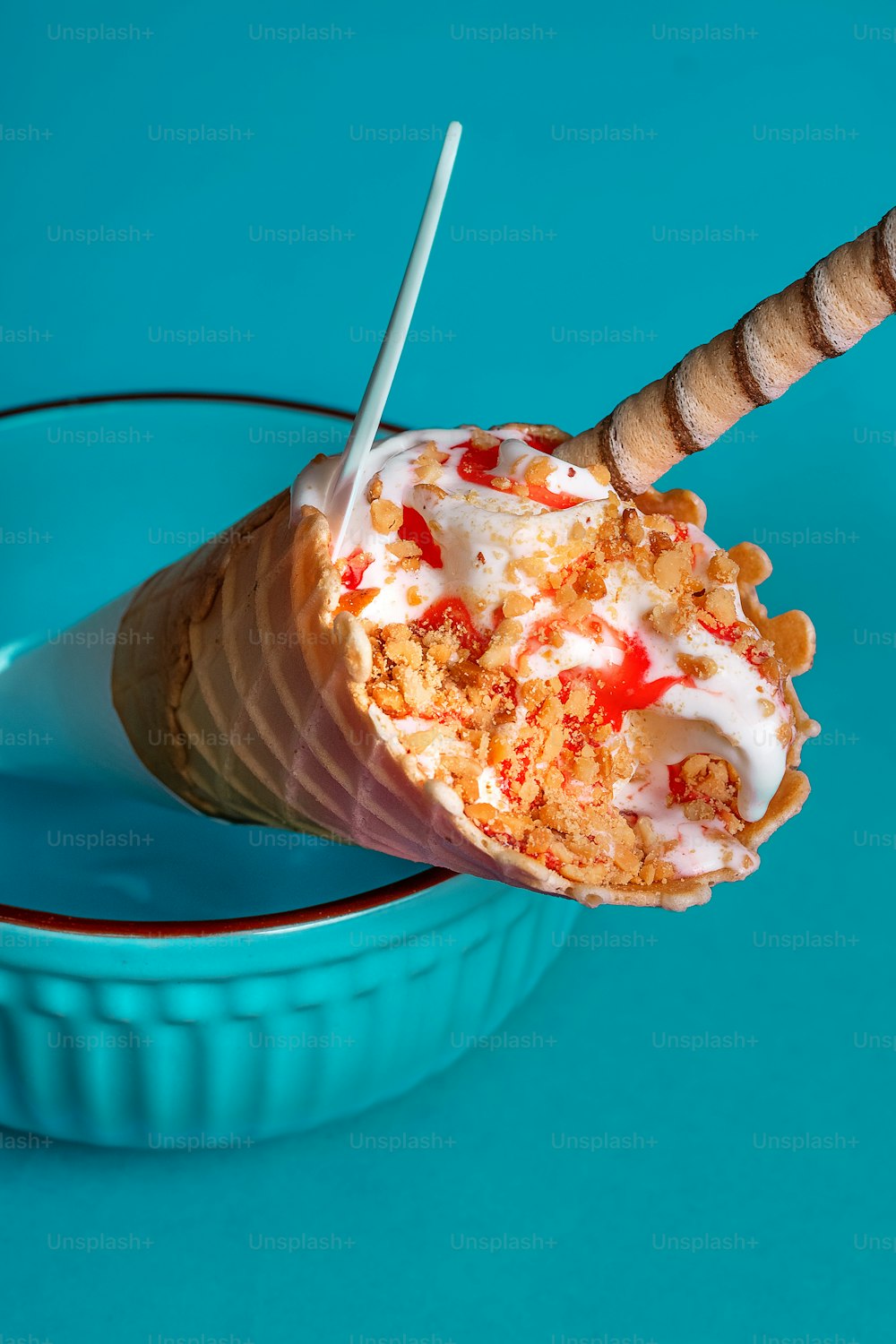 an ice cream sundae with a spoon in it