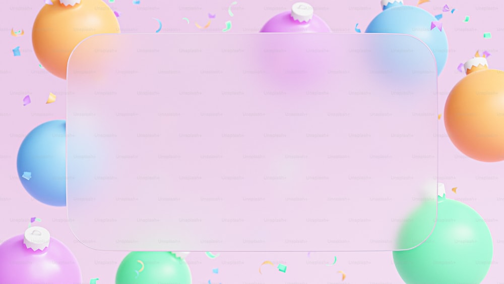 a pink background with balloons and confetti