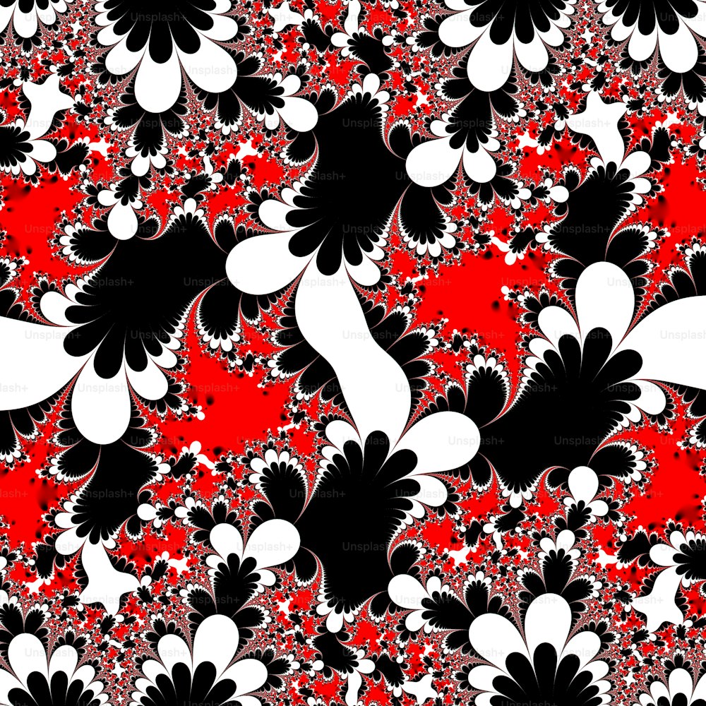 a black and white flower pattern on a red background