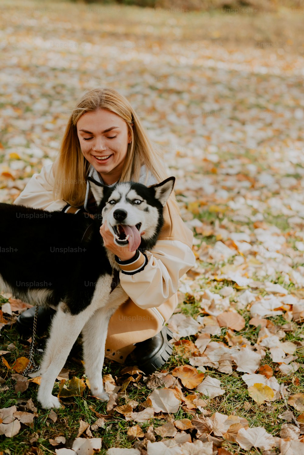 uma mulher ajoelhada com um cão husky
