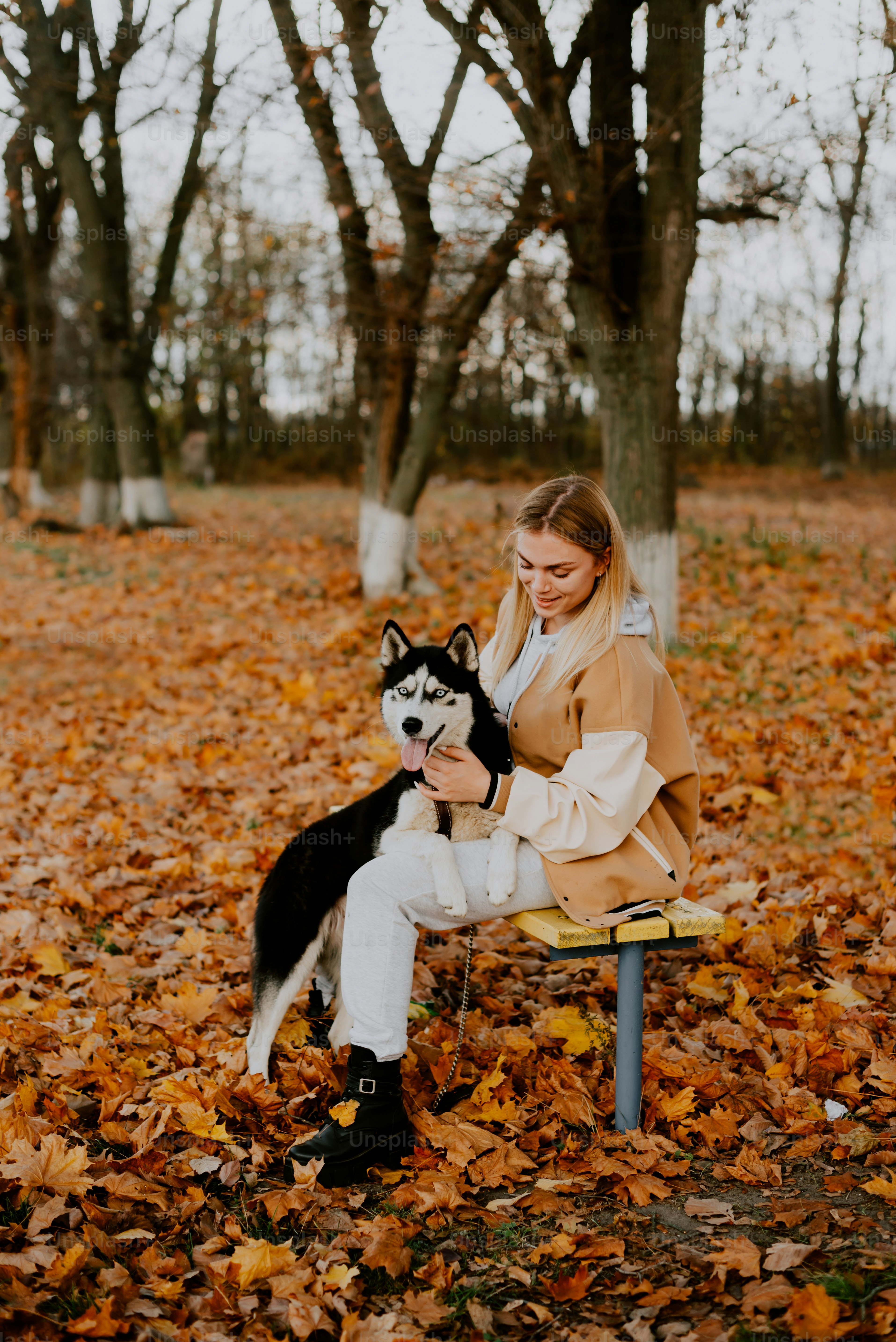 a woman sitting on a bench with a husky dog