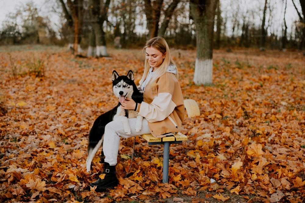 Eine Frau, die mit einem Hund auf einer Bank sitzt