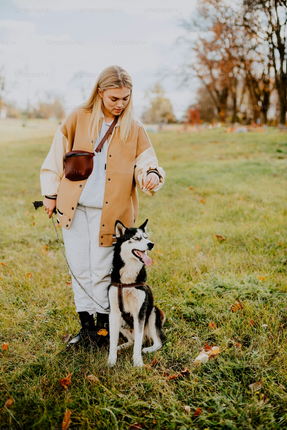 a woman walking a dog in a field