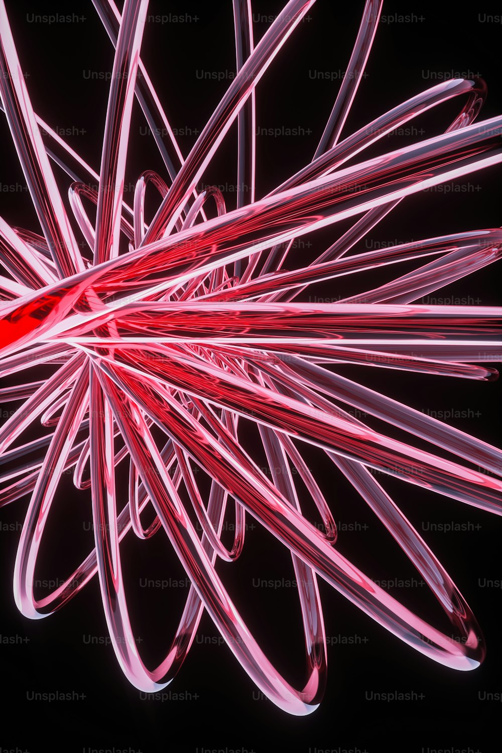 a close up of a red and white object on a black background