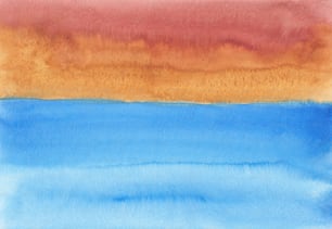 a watercolor painting of a blue, orange, and yellow horizon