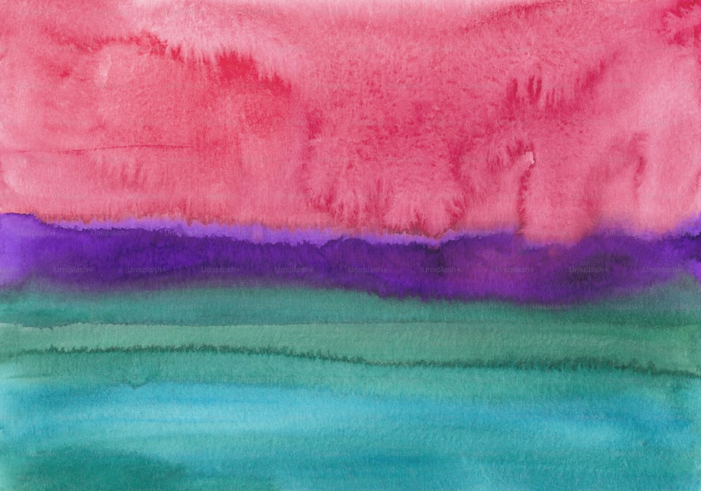 uma pintura em aquarela de um horizonte rosa, azul e verde