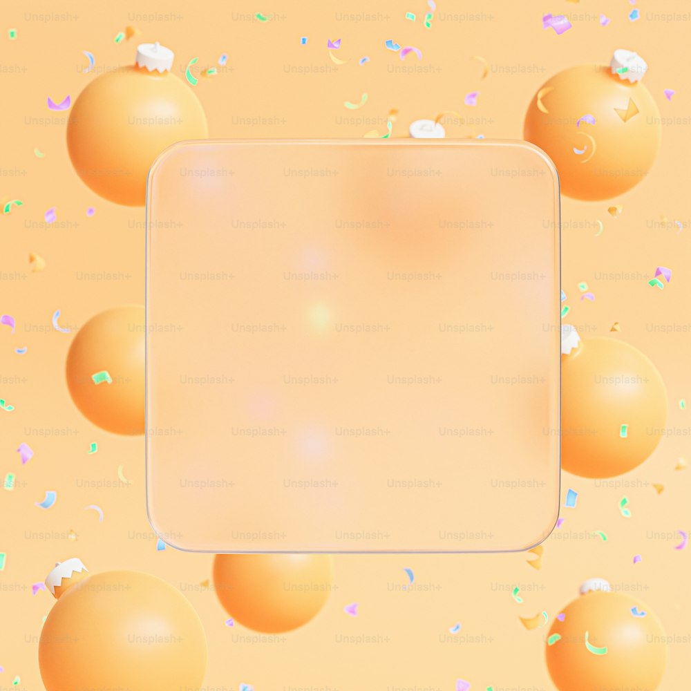 ein gelber Hintergrund mit Luftballons und Konfetti