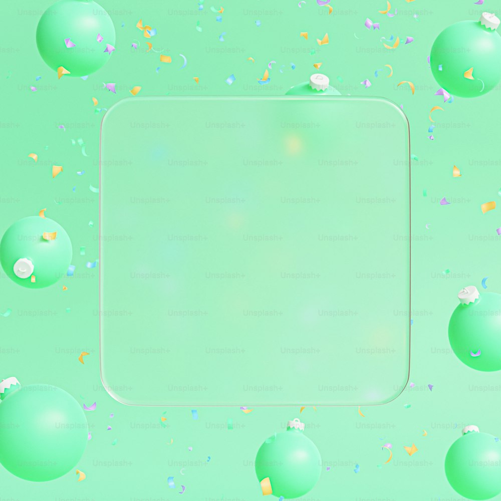 a square frame surrounded by blue balls and confetti