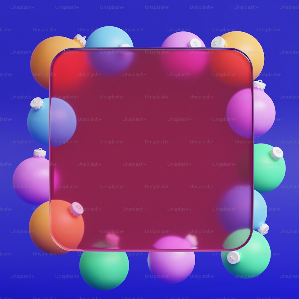 ein roter quadratischer Rahmen, umgeben von bunten Luftballons