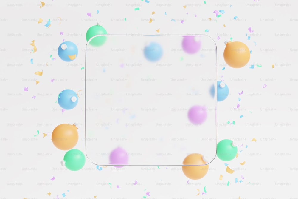 a square frame surrounded by balloons and confetti